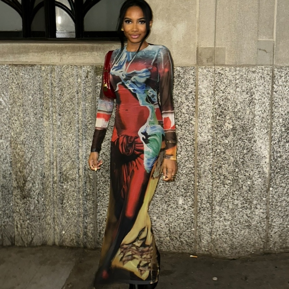 Full leng multi color body detail print dress